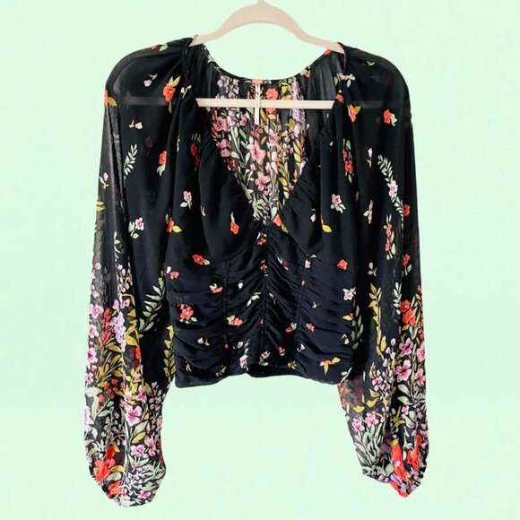 Free People Final Rose Deep V-Neck Long Sleeve Ruched Blouse - Picture 1 of 6